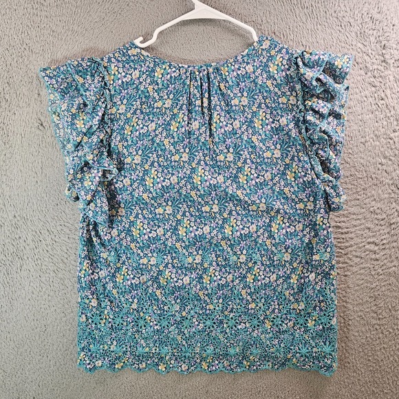 Solitaire Embroidered Top Blouse Women XL Floral Ruffle Cap Sleeve Green Yellow - Picture 6 of 9